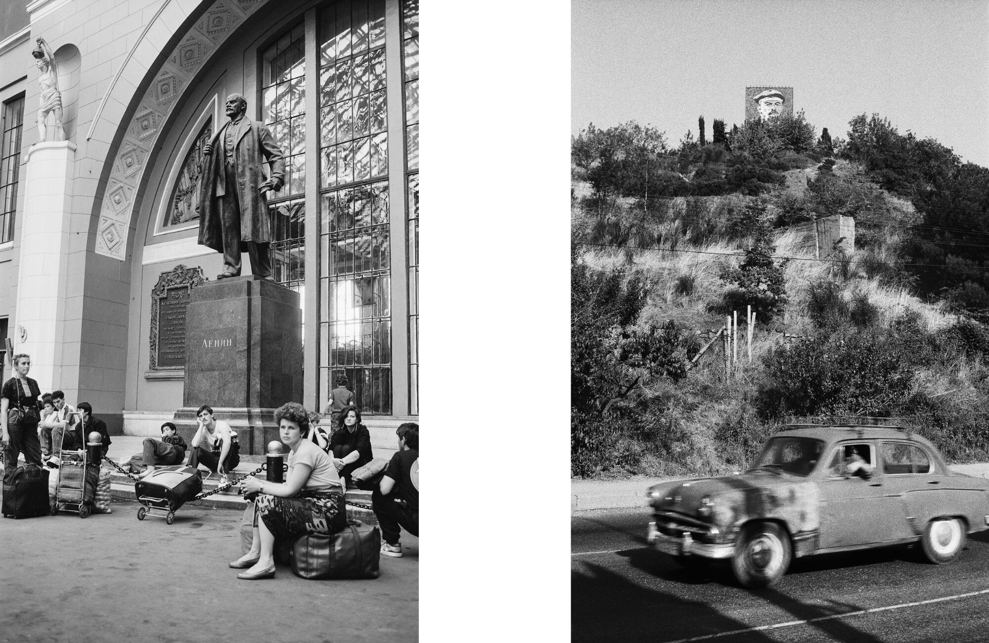 Linkes Foto – Wladimir Lenin, Kiewer Bahnhof, Moskau, 1991 | Rechtes Foto – Wladimir Lenin, Aluschta, Krim, 1991 / Fotos © Igor Mukhin